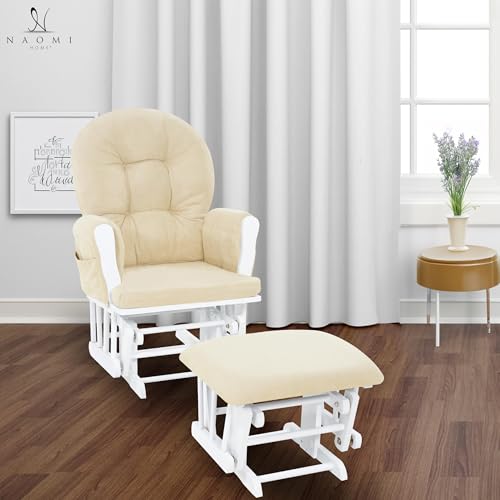 Naomi Home Brisbane Glider and Ottoman Set with Smooth Rocking & Gliding Motion, Ergonomic High-Back Support, Cushioned Armrests, Solid Wood Base, Storage Pockets, White/Cream Nursery Chair