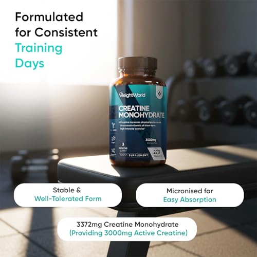 Creatine Monohydrate 3000mg - 270 Vegan Tablets - 3 Months Supply - Micronised for Easy Absorption - Creatine Monohydrate Powder Tablets for Men & Women - Unflavoured, Keto-Friendly & Gluten-Free