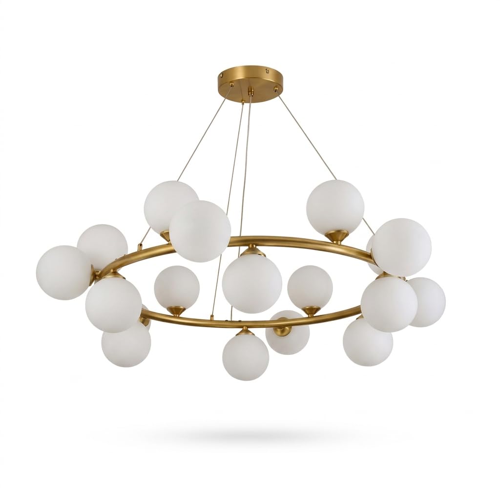 Lampadario Moderno 18 Luci a Sfere G9 Ø96cm Oro Ottone | Design Circolare Luxury con Sfere Opaline Ø13cm | Lampadario a Sospensione per Soggiorno Sala da Pranzo Hotel