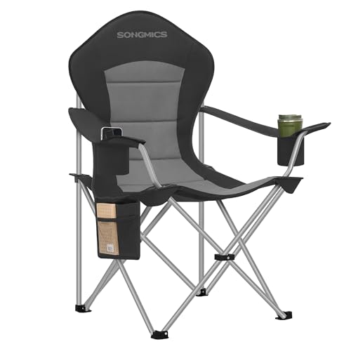 SONGMICS Sedia da Campeggio, Sedia Pieghevole e Portatile con Seduta Ampia, Schienale Alto, con Portabicchiere, Supporto per Cellulare, Organizzatore in Tessuto, Nero e Grigio GCB005BH01