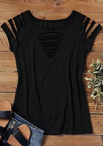 Cut Out Hollow Out T Shirt Womens Cold Shoulder Lacerated Sleeve Shirt Summer Solid Round Neck Slim Shirt Tops4