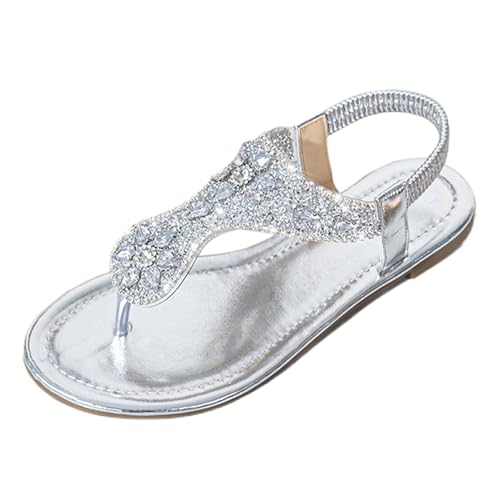 Womens Rhinestone T-Strap Flat Sandals Comfortable Slip On Round Toe Sparking Flat Flip Flops For Casual Daily Vacation Party Work