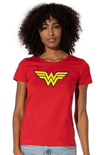 Popfunk Classic Wonder Woman Logo Womens Premium Cotton Short Sleeve Graphic T-Shirt & Stickers (Large) Red