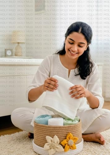 Image of Round Cotton Storage With Lid Gift Basket for Closet Wardrobe Packing, Wedding Organizer, Eco- Friendly Bins Organizer (Beige and White) for Home, Office with Handcrafted Jute Flowers.
