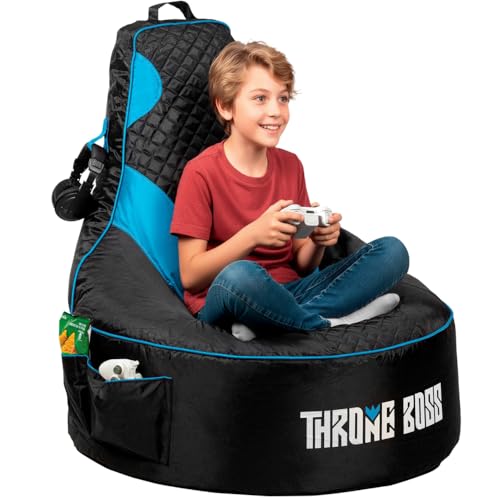 Throne Boss Gaming Bean Bag Chair Cover for Kids with High Back, Blue – Gamer Chair for Kids with 2 x Large Side Pockets, Headphone Hanger, Easy to Clean Fabric, Requires 200 Liters Polystyrene Beans