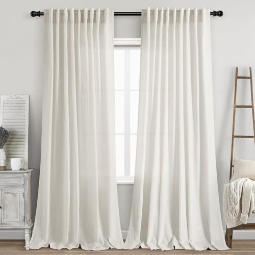 Image of Linen Curtains 96 inches Long for Bedroom Back Tab Light Filtering Privacy Sheer Cream Curtains Modern Farmhouse Coastal Decor Cream Cotton Textured Gauze Curtain 2 Panel Set 70x96