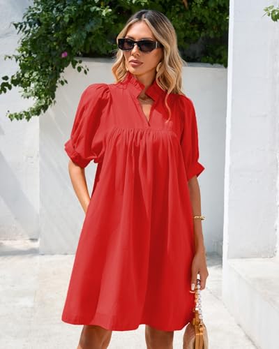 Image of YEXPINE Women's Ruffle Collar High Neck Mini Dress Puff Short Sleeve Cotton Babydoll Peplum Dresses with Pockets