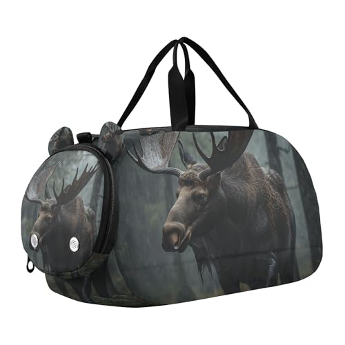 Glaphy Animals Moose in The Rain Duffle Bag for Toddler Boys Girls, Gym Sports Bag with Shoe Compartments, Kids Travel Overnight Weekender Shoulder Bag