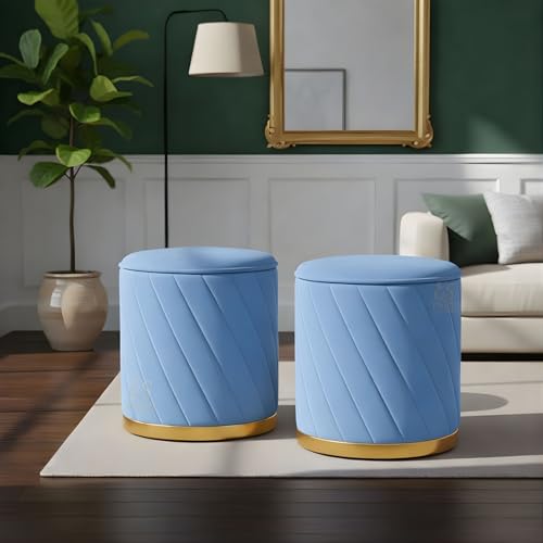 Image of Premium Velvet Ottoman Stool | Modern Round Pouffe with Gold Base | Multipurpose Seating | Living Room & Bedroom Decor (Sky Blue Set of 2)