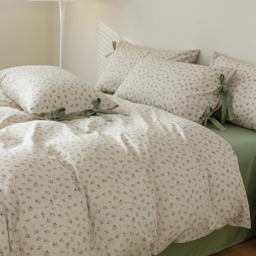 Image of LifeTB Full Comforter Set Vintage Green Floral Bedding Comforter Boho Flower Cottagecore Comforter with 2 Bow Ties Pillowcases Fluffy Lightweight Bedding Farmhouse Botanical Comforter Set