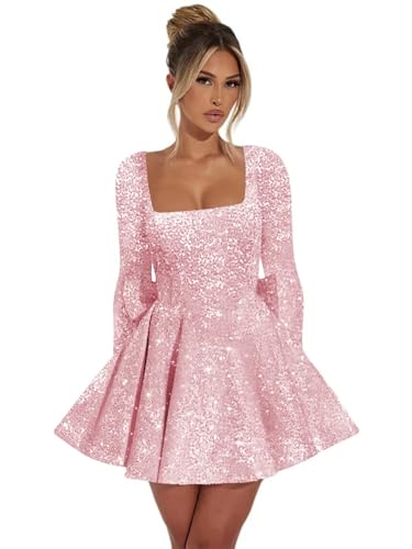 Long Sleeve Sparkly Sequin Homecoming Dresses for Teens Short Square Neck Mini Formal Cocktail Party Gown3