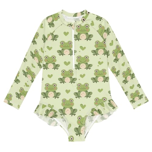 Green Frog and Love Heart Girls Long Sleeve Swimsuit Rash Guard One Piece Bathing Suits Zipper 3-12T