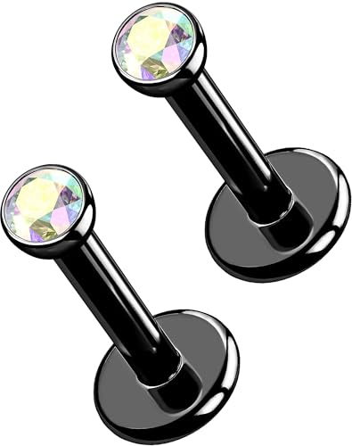 OUFER 2Pcs Black AB Nose Studs, 16G G23 Solid Titanium Threadless Stud Earrings Flat Back Tiny CZ 2.5MM Nose Helix Cartilage Tragus Conch Piercing Jewelry-5MM