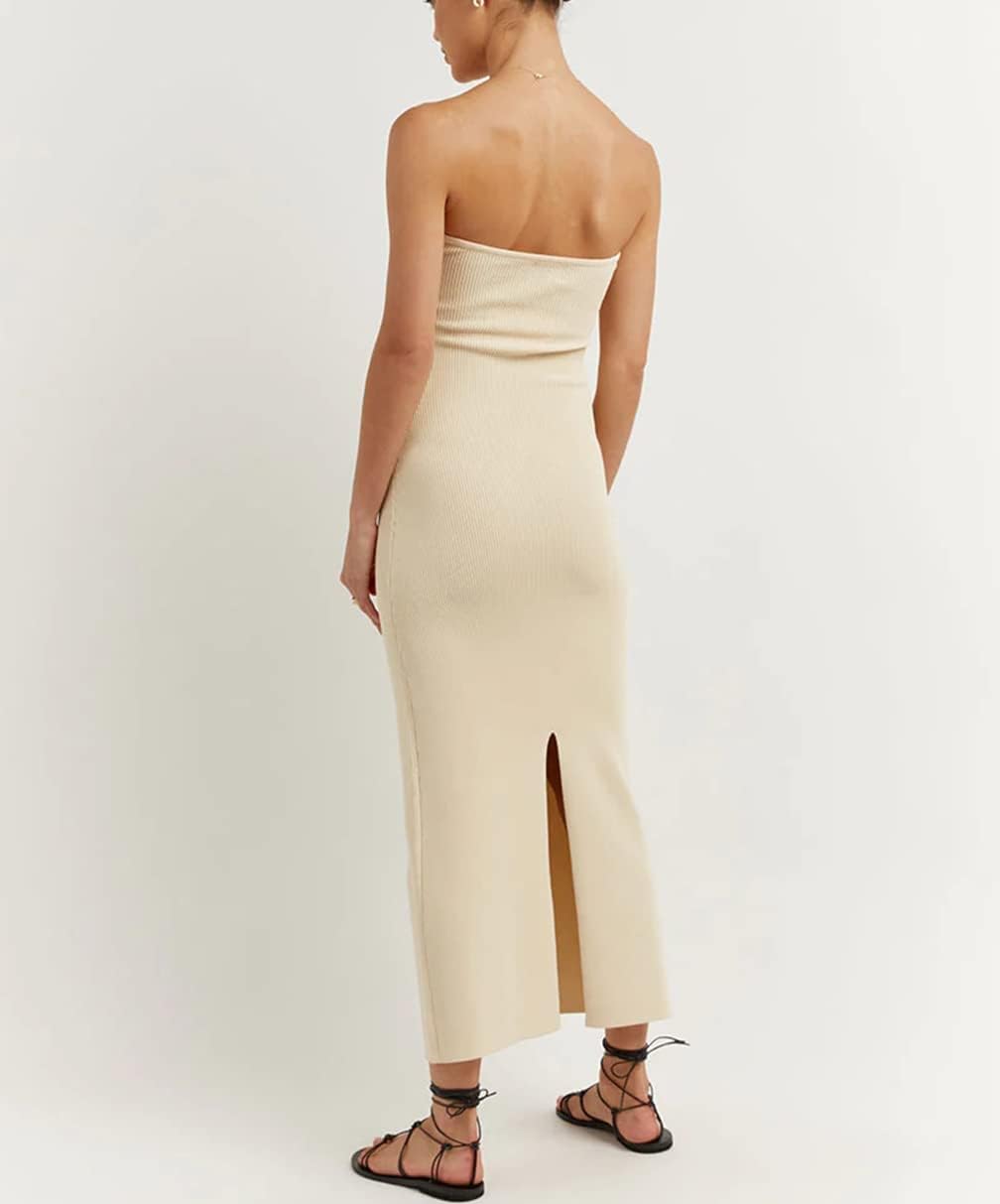 WFHFNJW Women Sexy Twist Knot Front Ribbed Knit Bodycon Bandeau Tube Dress Casual Solid Strapless Maxi Long Dress - Image 9