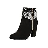 Riou Damen Strass mit Hohem Absatz Stiefeletten Runde Kappe Reißverschluss Herbst Winter Elegant Freizeit Ankle Arbeits Stiefel Winterstiefel Damenschuhe (42 EU, Schwarz)
