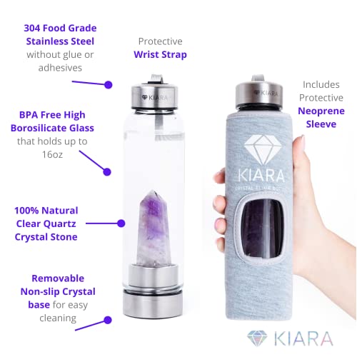 Kiara Crystal Elixir Bottle | 16Oz Natural Gemstone Water Bottle For Making Crystal Infused Gemwater | Includes Premium Healing Crystal, Free E-Book And Neoprene Sleeve (Super Sleeve - Amethyst) #TOP4