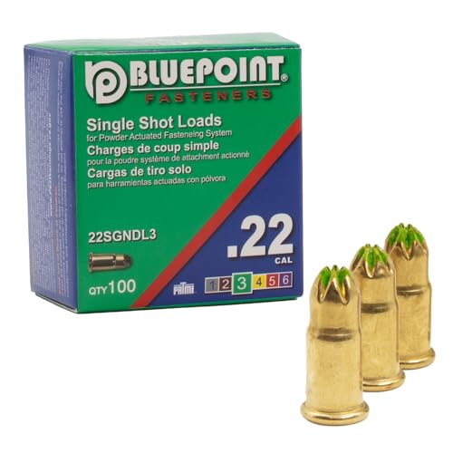 BLUEPOINT .22 Cal GREEN Neck Down Single Shot Powder Load for Powder Actuated Fastening System, (100 - Count). Item# 22SGNDL3