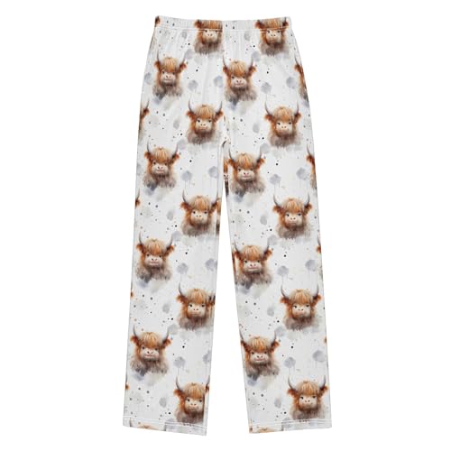 Cute Highland Cow Pattern Long Pajama Pants Elastic Waist PJ Bottoms with Pockets S A1133222