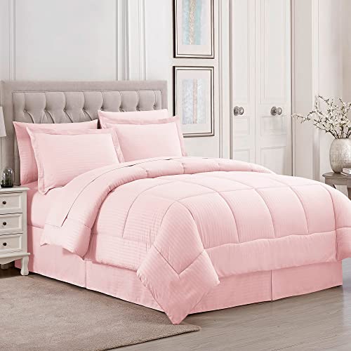 Image of Sweet Home Collection 8 Piece Comforter Set Bag with Dobby Stripe Design, Bed Sheets, 2 Pillowcases, 2 Shams Down Alternative All Season Warmth, Queen, Pale Pink