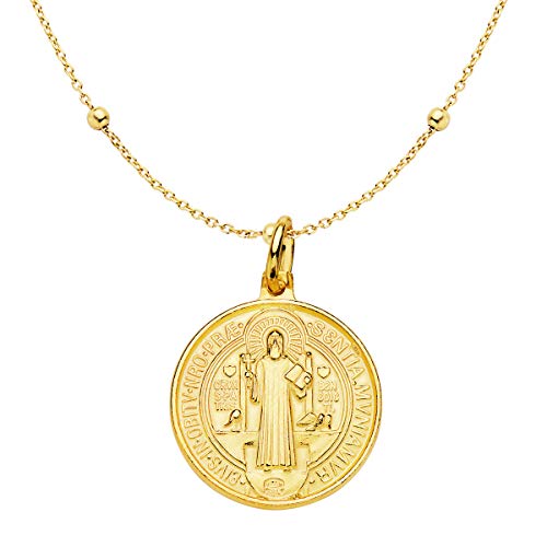 Iyé Biyé - Collier pendentif médaille scapulaire Saint Benoît 18 mm argent 925 M plaqué or jaune chaîne boules 40 + 3 cm réglable Cover