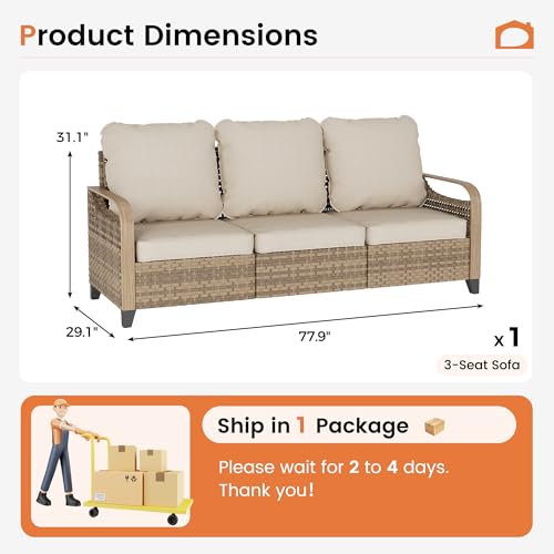 Image of UDPATIO Outdoor Patio Sofa 3-Seat PE Wicker Couch, All-Weather Rattan Furniture with Deep-Seating Water-Resistant Cushions, Non-Slip & Thick Patio Sofa Set for Garden /Porch /Backyard (Beige)