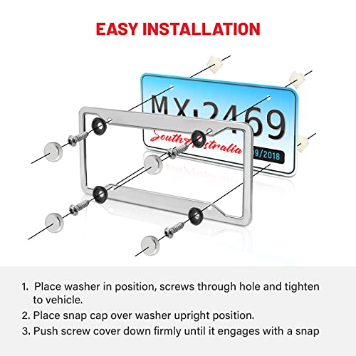Red Wolf Stainless Steel License Plate Frame Holder 4 Holes Mirror Polish Silver Tag Cover Kit W/Chrome Screws Caps Nylon Insert Nut, Heavy Duty Rustproof Metal Front Rear Fit Car Truck Van Suv, 2Pcs #TOP3