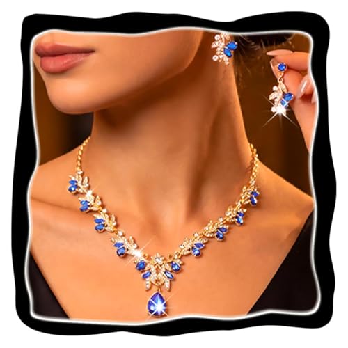Brishow Jewelry Set for Women Blue Rhinestone Necklace Earrings Set Gold Leaf...