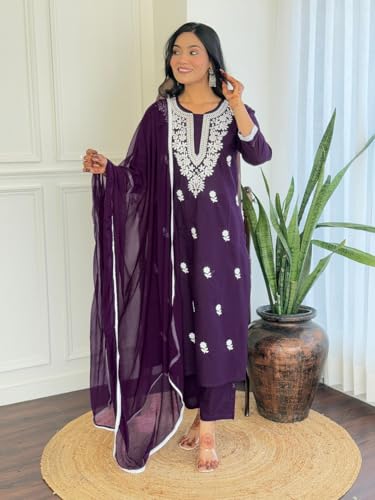 Image of Naixa Women's Pure Cotton Embroidered Straight Kurta with Pant And Dupatta Sets (NX-691)