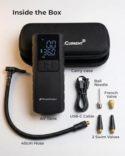 Image of Wundercurrent Air Tank Tyre Inflator & Power Bank - 150 PSI, 8000 mAh Lithium-ion Battery, Digital Display, Auto Shut-Off, LED Light, USB-C Rechargeable for Car, Bike & Sports Balls