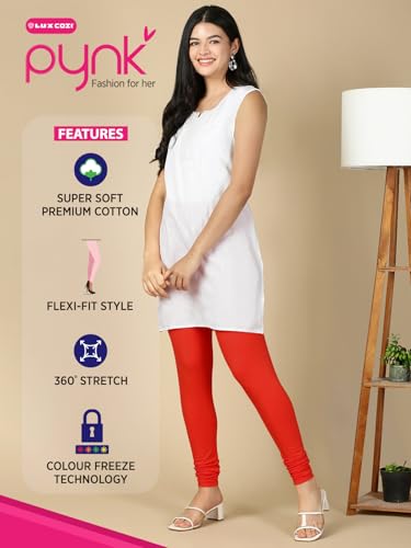 Image of Lux Cozi PYNK Solid Premium Cotton Lycra Churidar Leggings for Women | Regular Fit Elastic Waist Full Length Women Leggings | Free Size