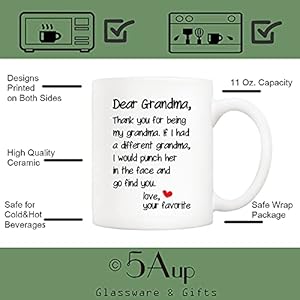 5Aup Mother's Day Funny Grandma Coffee Mug Christmas Gifts from Grandson Granddaughter, Dear Grandma, Thanks for Being... Love Your Favorite Cups 11 Oz, Birthday Present Idea for Grandmother 5Aup Mothers Day Funny Grandma Coffee Mug Christmas Gifts from Grandson Granddaughter Dear Grandma Thanks for Being Love Your Favorite Cups 11 Oz Birthday Present Idea for Grandmother