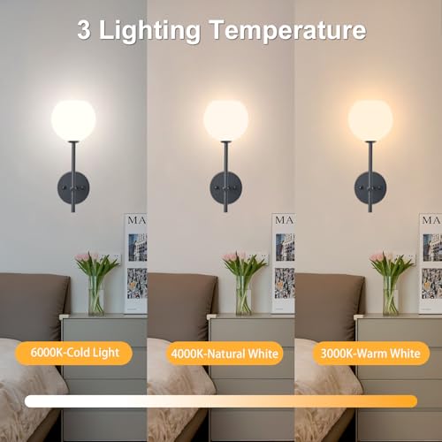 Image of Black Battery Operated Wall Sconces Set of 2, Rechargeable Wireless Wall Lights with Milky White Frosted Glass Shade, 12 RGB and 3CCT Dimmable, Wall Lamps with Remote for Bedroom Living Room Hallway