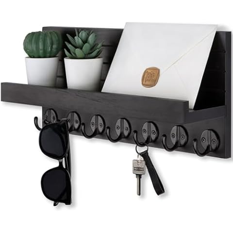 Lwenki Key Holder Wall Mount, Entryway Key and Mail Holder with 7 Sturdy Hooks for Sunglasses, Dog Leash, Decorative Wall Shelf with Mounting Hardware, 15”W x 6.7”H x 4.2”D Cover