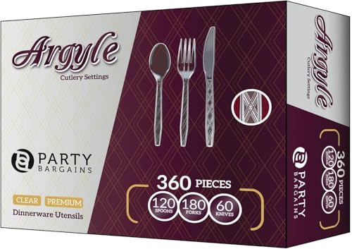 PARTY BARGAINS Argyle Settings Clear Plastic Cutlery Set 360‑Piece –