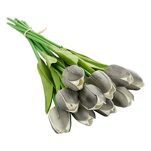 RNCOZE 10 flores de tulipanes artificiales, flores de tacto real gris, ramo de tulipanes de tallo largo, ramo de tulipanes de poliuretano sintético para decoración de bodas en el hogar y la oficina
