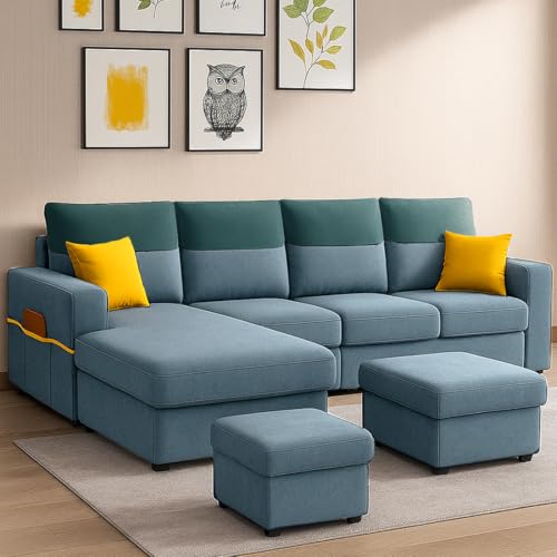 Image of Furny Tokiaa 8 Seater Fabric LHS L Shape Sofa Set with 1 Centre Table & 2 Puffy (Sky Blue) | Soft Velvet Fabric | Modern Design | Comfortable Seating | Living Room Furniture