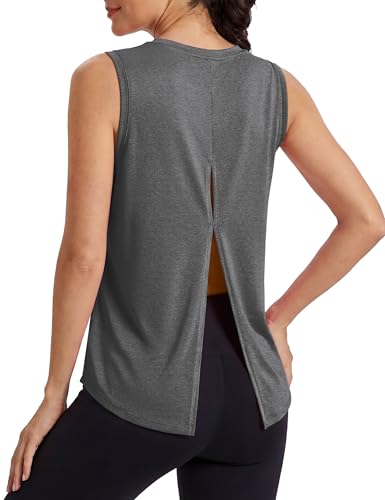 Image of MAGCOMSEN Workout Tank Tops Woman Summer Open Back Yoga Athletic Shirts Sleeveless Tie Back Loose Fit Gym Muscle Tank