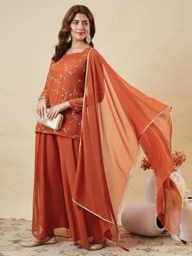 Image of MOKOSH Women's Georgette Short Kurti Palazzo with Dupatta | Short Kurti Set |Ethnic Kurta Set for Women | Sweetheart Neck Full Sleeve | Indian Kurta Outfit With Palazzo Pants