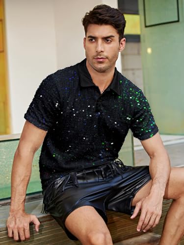 WDIRARA Men's Contrast Sequin Stand Collar Shirt Short Sleeve Party Polo Shirt Top