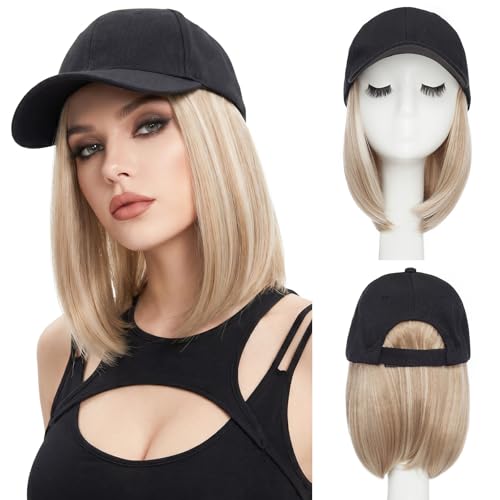 SEGO Baseball Cap with Hair Extensions for Women Heat Resistant Synthetic 6" Adjustable Short Straight Hairpiece Replacement Wigs in Black Hat for Girls 85P613 Light Blonde Mix Bleach Blonde