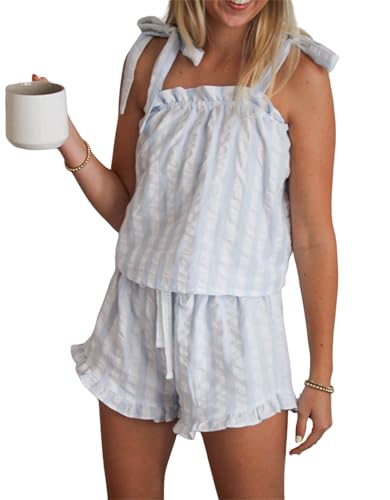 Women Floral Tie Shoulder Pajamas Set 2 Piece Casual Outfits Sleeveless Tie up Flower Tops Shorts Cute Beach Set