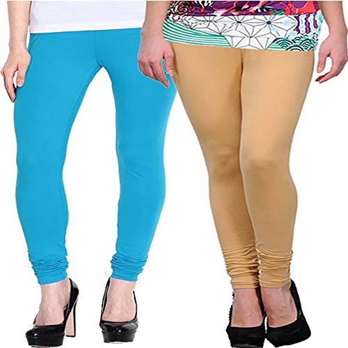 Divine India Stretchable Lycra Pure Cotton Legging for Women's Churidar Legging Pack of 2 Blue, Beige