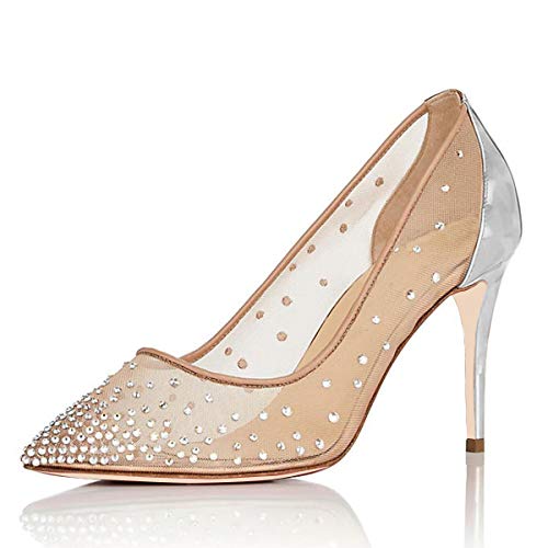XYD Rhinestones Studded Stiletto High Heels Mesh Pumps for Women Slip On Pointed Toe Evening Wedding Dress Shoes