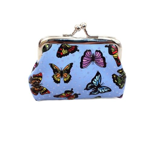 Cartera pequeña de piel sintética con estampado de mariposa, monedero con clip de concha, mini bolsa de almacenamiento de monedas, Blue, Decoración