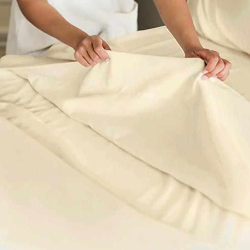 Image of Queen Size Bedsheets for Single Bed 600 TC - Cotton Elastic Fitted Sheet (60 x 72 Inches) with 10 Inch Drop- Color Ivory Solid [ Fitted Sheet with 2 Pillow Cover]