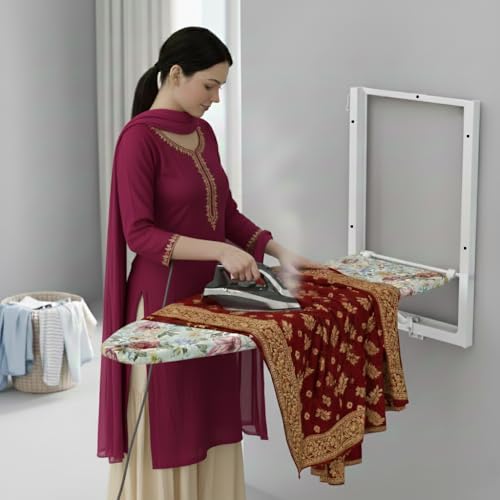 Image of CIPLA PLAST Wall Mount Ironing Table |Space-Saving & Foldable Mechanism | Wooden Surface | DIY Assembly | Easy-Release Lever, Removable Cotton Cover & Mounting Hardware With (Silicon Iron Resting Pad)