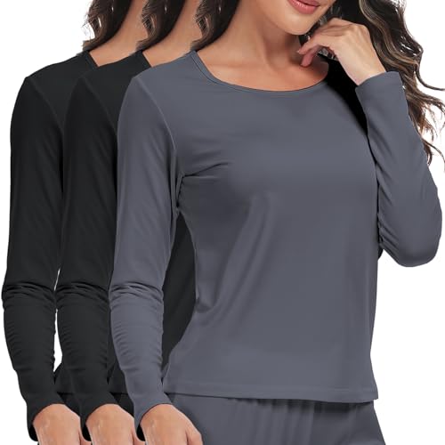 ZUTY 3 Pack Long Sleeve Thermal Shirts for Women Tops Long Johns Lightweight Winter Clothes Warm Base Layer Black-Black-Grey XXL