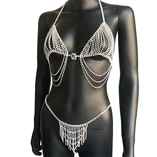 Sexy Diamond Chest Chain Bra Panties Sparkly Rhinestone Body Chain Crystal Bikini Chest Jewelry Lingerie Woman Nightclub Clothing (Gold)