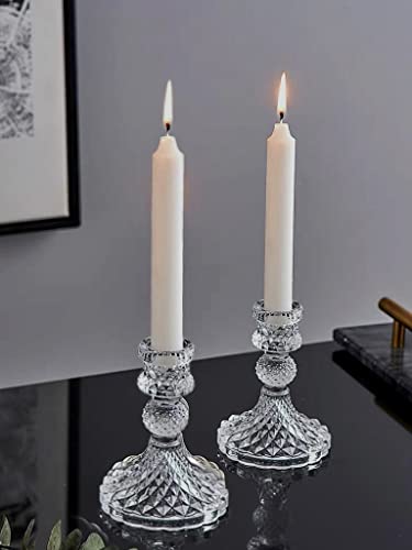 Suxible Glass Candle Holder, 2Pack 4" H Taper Candle Holders, Clear Glass Candlestick Holder Fit 0.8 Inch Candles, Crystal Decorative Candle Stand Holders For Wedding, Table, Dinning, Party - Clear #TOP2
