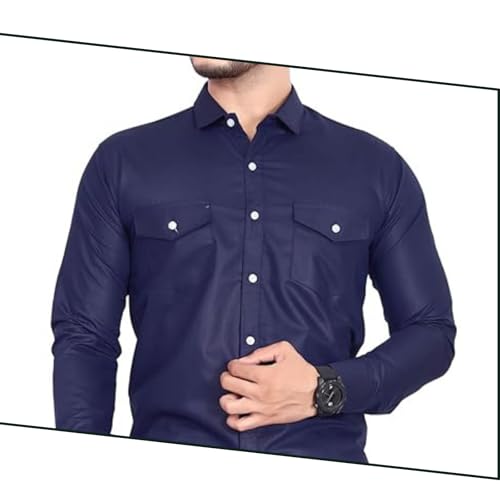 Image of Men's Cotton Spread Collar Full Sleeve Regular Fit Solid Casual Shirt with Double Pockets - Stylish Comfortable Shirt for Everyday Wear